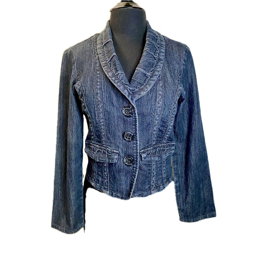 Baccini Dark Wash Denim Blazer Jacket PM Petite Distressed Indie Sleaze Coquette